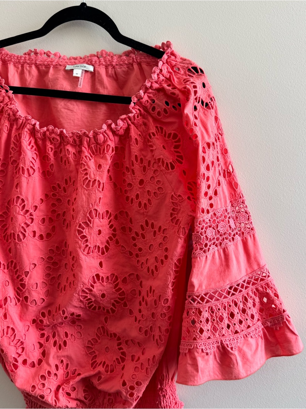 TYLER BOE Claire Peach Eyelet Top Coral Crochet Trim Elastic Neckline Floral